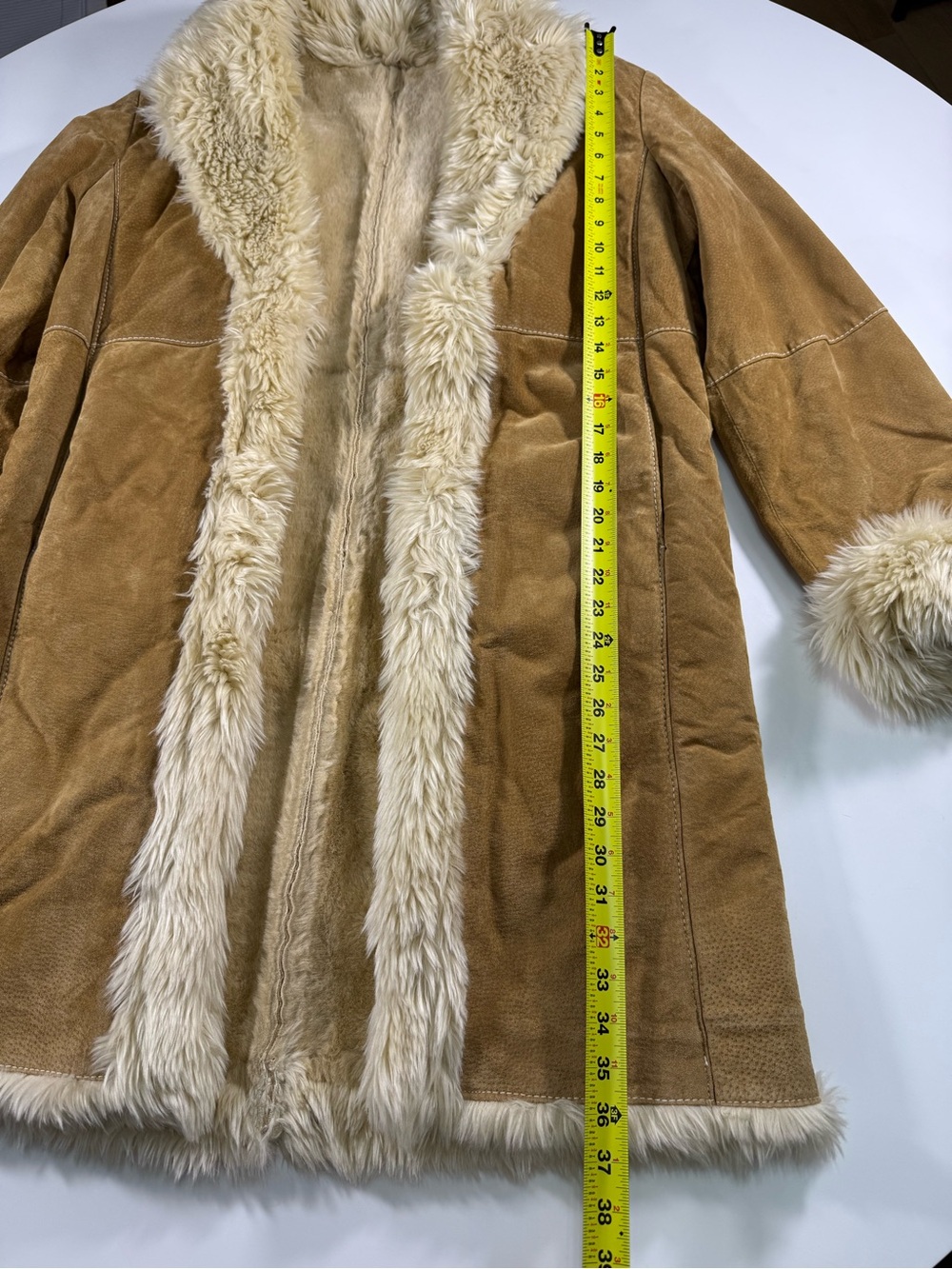 Penny Lane Brown Suede Shearling Coat with Cream Fur Trim - Picture 6 of 14